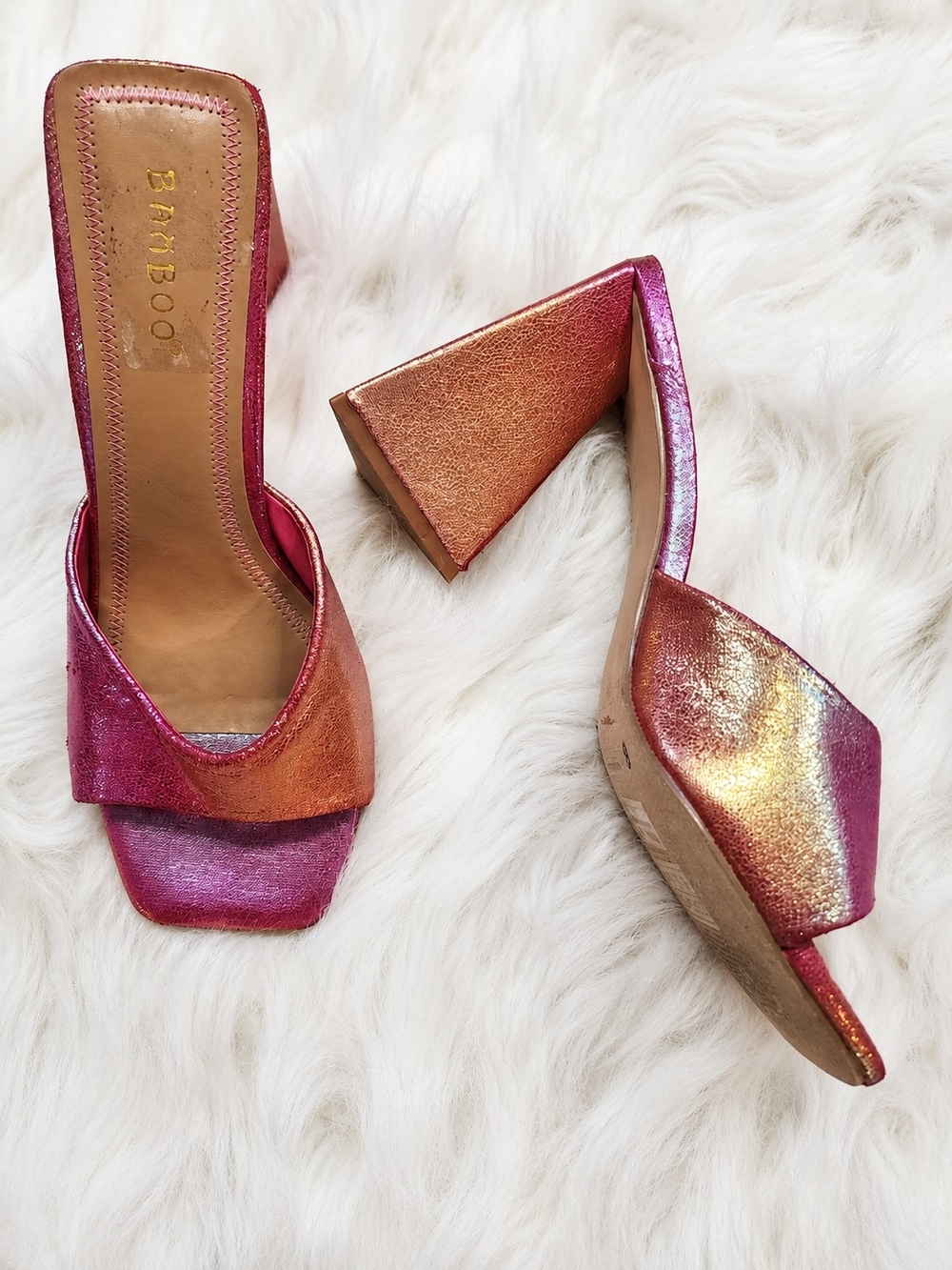 Bamboo Metallic Pink Iridescent Square Toe Block Heel Mules Size 8